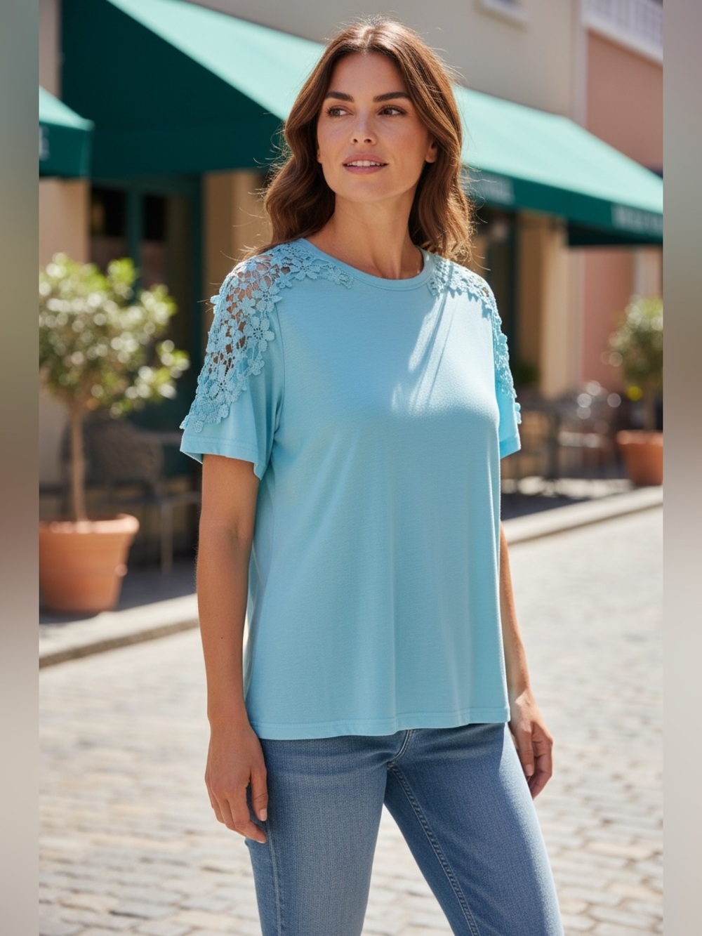 Blue Lace Accent Cold Shoulder Women's Top